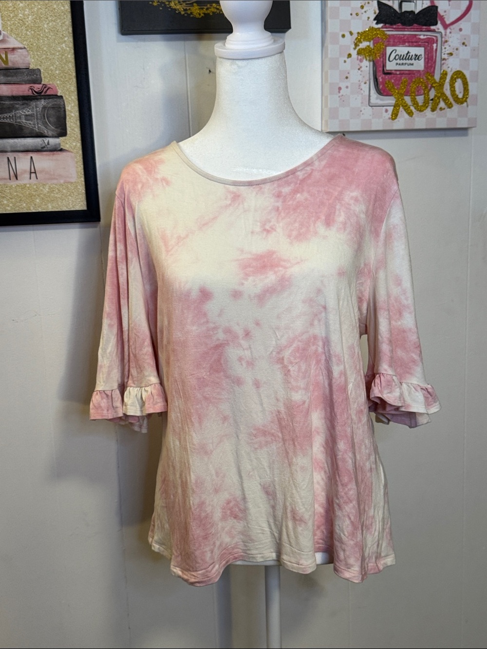 W5 Pink and Cream Tie-Dye Ruffle Sleeve Top